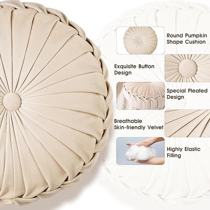 ROSE&RISY Round Pleated Hand-Stitched Velvet Throw Pillow, 1 Pcs Decorative Accent Pumpkin Pillow Cushion for Couch Sofa Chair Bed Car Home Decor (14.5 Inch, Cream)