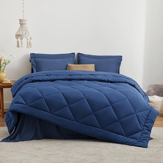Love's cabin King Size Comforter Set Dark Blue, 7 Pieces King Bed in a Bag, All Season Bedding Sets with 1 Comforter, 1 Flat Sheet, 1 Fitted Sheet, 2 Pillowcase and 2 Pillow Sham