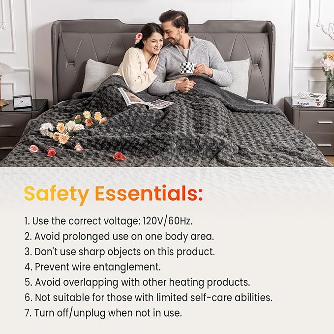 WOOMER Heated Blanket King Size 100" x 90", Electric Blanket with Dual Controls, 0.5-12 Hours Timer & 10 Heating Levels, ETL Certified, Dark Grey Rose Patterns Faux Fur & Sherpa, Machine Washable