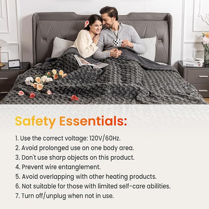 WOOMER Heated Blanket Queen Size 84" x 90", Electric Blanket with Dual Controls, 0.5-12 Hours Timer & 10 Heating Levels, ETL Certified, Dark Grey Rose Patterns Faux Fur & Sherpa, Machine Washable