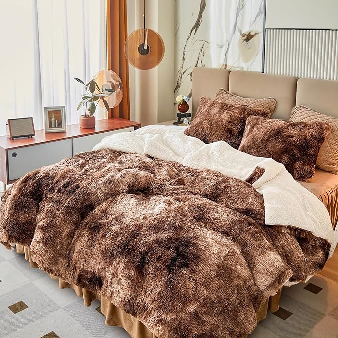 Luxury Faux Fur Shaggy Fluffy Comforter Set Full/Queen Size Mixed Coffee Brwon and White Long Hair, 3 Pieces Plush Flannel Sherpa Backing Reversible Soft Microfiber Bedding Set Super Warm for Winter