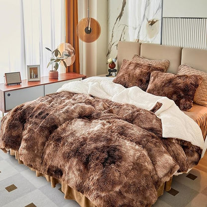 Luxury Faux Fur Shaggy Fluffy Comforter Set Full/Queen Size Mixed Coffee Brwon and White Long Hair, 3 Pieces Plush Flannel Sherpa Backing Reversible Soft Microfiber Bedding Set Super Warm for Winter