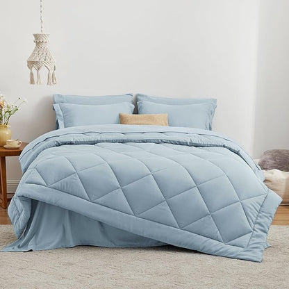 Love's cabin King Size Comforter Set Light Blue, 7 Pieces King Bed in a Bag, All Season Bedding Sets with 1 Comforter, 1 Flat Sheet, 1 Fitted Sheet, 2 Pillowcase and 2 Pillow Sham