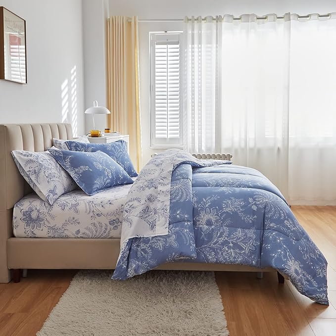 Flysheep Botanical Bed in a Bag Twin Size 6 Pieces, Reversible Blue and White Flower Printed Comforter Bedding Set (1 Comforter, 1 Flat Sheet, 1 Fitted Sheet, 2 Pillow Shams and 1 Pillowcase)