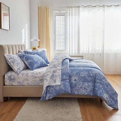 Flysheep Botanical Bed in a Bag Twin Size 6 Pieces, Reversible Blue and White Flower Printed Comforter Bedding Set (1 Comforter, 1 Flat Sheet, 1 Fitted Sheet, 2 Pillow Shams and 1 Pillowcase)