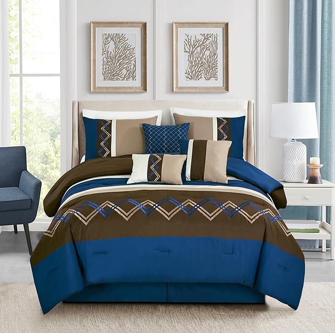 Chezmoi Collection Arden 7-Piece Modern Pleated Stripe Embroidered Zigzag Bedding Comforter Set (Oversized King, Coffee/Brown/Navy/White)