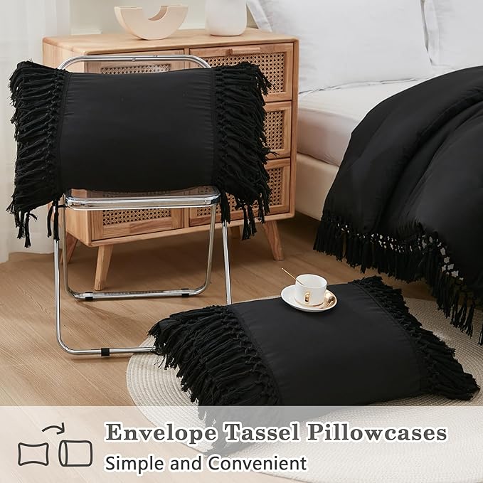 Andency Black Comforter Set California King, 3 Pieces Boho Tassel Lightweight Soft Bedding Comforter Sets for King Bed, All Season Fluffy Fringe Bed Set (104x96In Comforter & 2 Pillowcases)