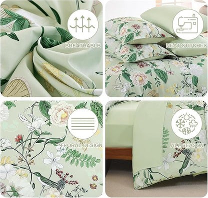 Anibedding 7Pieces Floral King Size Comforter Set, Green Garden Plant Style Bed in a Bag Flower Bedding with Pillow Case for Bedroom
