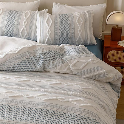 CLOTHKNOW White Blue Bohemian Queen Comforter Set Clipped Jacquard Farmhouse Bedding Comforter Sets Jacquard Stripes Comforter Soft Fluffy