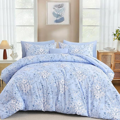 WONGS BEDDING King Size Comforter Set, 8 Pieces Blue Floral Bed in a Bag Comforter Sets, Botanical Print Soft Fluffy Microfiber Complete Bedding Sets for All Season (90"x104")