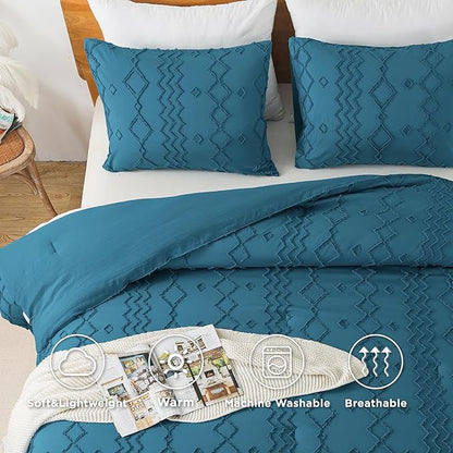 Andency Teal Tufted Comforter Set Queen(90x90Inch), 3 Pieces(1 Boho Comforter, 2 Pillowcases) Textured Farmhouse Bed, Soft Microfiber Down Alternative Geometric Bedding Set