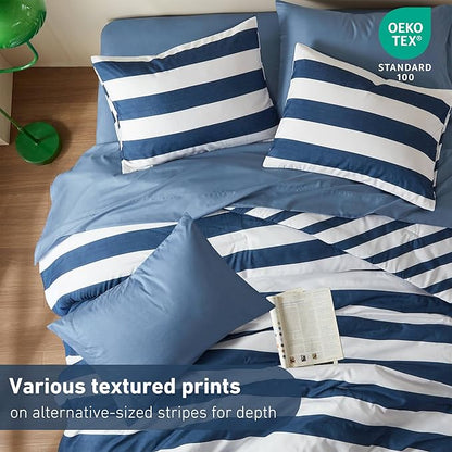 Reversible Striped Queen Comforter Set, Soft Microfiber Bedding Set with Double-Sided Stripes Design, Warm & Cozy for All-Seasons, 3-Piece Comforter and Shams Set Queen Size, Navy