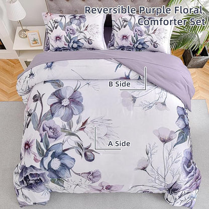 Drucon Floral Comforter Set King Size 3 Piece Purple Floral Bed in a Bag, Soft Microfiber Bedding Set for All Season (Purple, 104"x90")