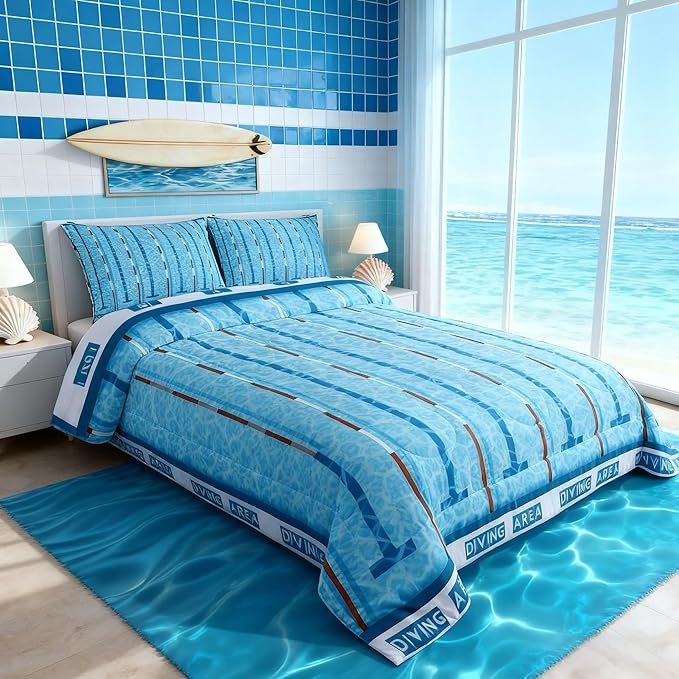Swimming Kids Comforter Set Full Size,Swim Sports Games Modern Fashion Bedding Set,Boys Girls Adults Room Decor,Swimming Pool Chic Down Comforter,Blue Unique Duvet Insert,2 Pillowcases