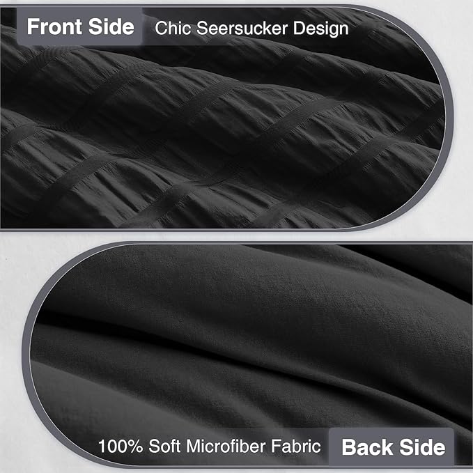 satisomnia King Comforter Set Black, Soft Seersucker Comforters King Size Bed, 3 Pieces Lightweight Down Alternative Bedding Comforter Sets All Season, Fluffy Comforter with 2 Shams 106x90 in