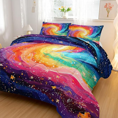 Rainbow Starry Sky Pattern Comforter Modern Abstract Comforter Set,Rainbow Starry Sky Bedding Set Full Size,Mordern Art Decor All Season Lightweight Soft Microfiber with 2 PillowShams