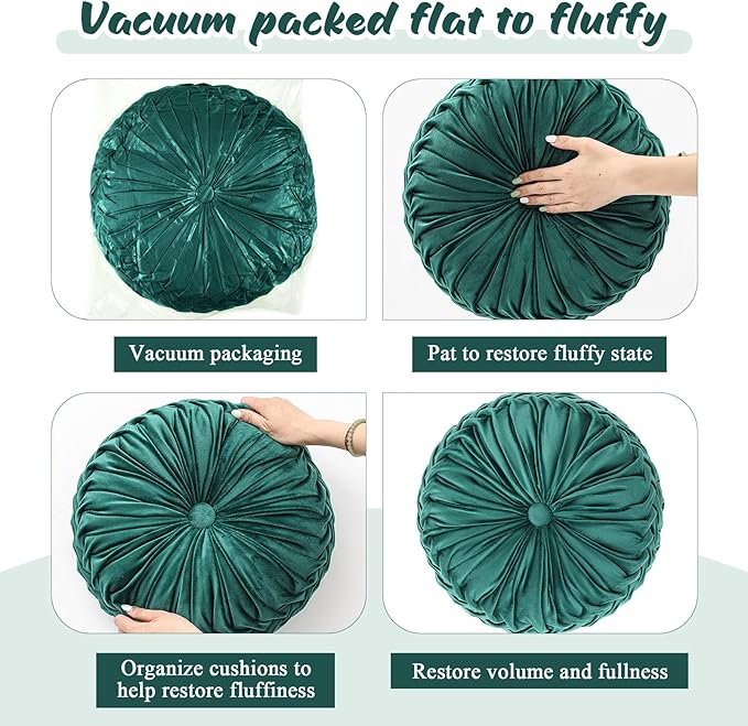 3 Pcs Round Throw Pillows Decorative Velvet Pleated Throw Pillows 15'' Diameter Accent Pumpkin Boho Chair Cushion for Couch Sofa Chair Bed Home Decoration (White,Light Green,Green)
