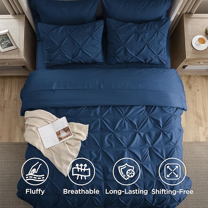 Bedsure California King Comforter Set Navy - Bed in a Bag Cal King Bedding Set 7 Pieces, GentleSoft™ Pintuck Bed Set Gift for Family, Pinch Pleat Navy Comforter with Sheets, Pillowcases & Shams