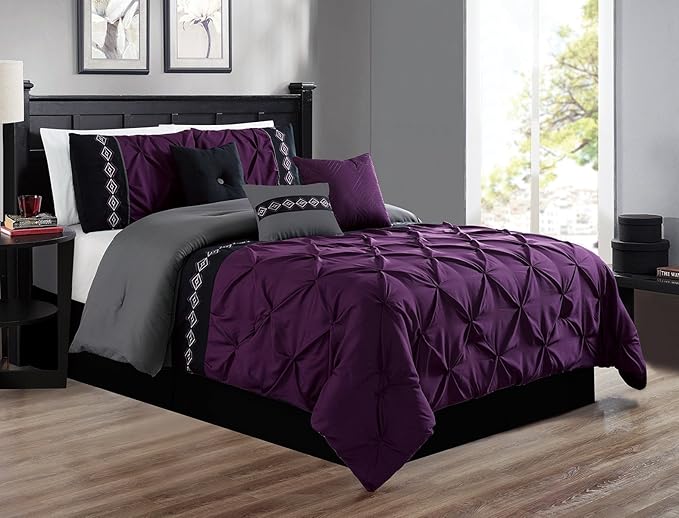 Grand Linen 7 Pieces King Size Dark Purple/Grey/Black Double-Needle Stitch Pinch Pleat All-Season Bedding-Down Alternative Embroidered Comforter Set