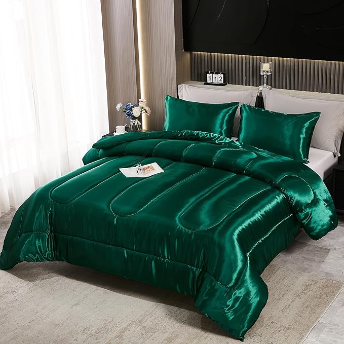 Bedding_Dreamer Satin Comforter Set King Size Silk Like Silky Down Comforter Luxury Hotel Silky Bed Home Deocr Blackish Green Bedding Set