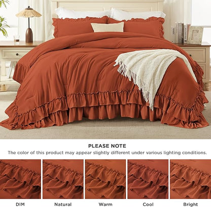 Andency Terracotta Full Size Comforter Set (79x90Inch), 3 Pieces Fluffy Farmhouse Shabby Chic Ruffle Bedding Sets, All Season Soft Lightweight Bed Set, Burnt Orange