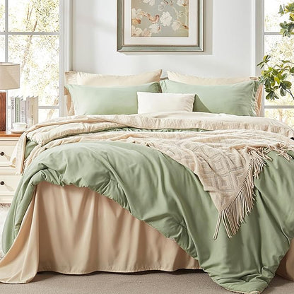 Anluoer Queen Size Bed in a Bag 7 Pieces, Sage Green Bed Set with Comforter, Pillow Shams, Pillowcases, Flat Sheet, Fitted Sheet