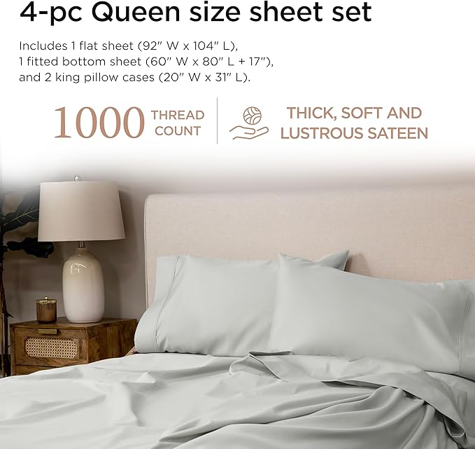 Threadmill Luxury Supima Cotton Sheets, Luxury 1000 Thread Count Soft 100% Cotton Sheets for Queen Size Bed, 4 Pc Light Grey Bed Sheets Queen Set, 5-Star Hotel Quality Deep Pocket Bed Sheets Set