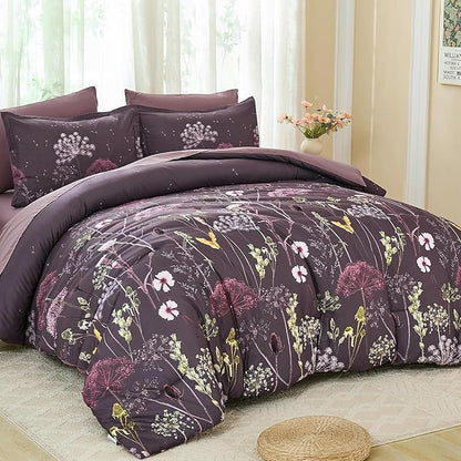 Yiran Purple Comforter Set Queen Size, 7 Piece Floral Dandelion Comforter Bedding Set, Botanical Bed in a Bag Queen, Soft Microfiber Complete Bedding Set with Sheets for All Season