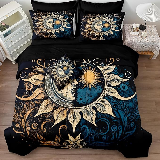 Sun and Moon Comforter Set Black Boho Bedding Set Celestial Galaxy Starry Space Bedding Comforter Mandala Exotic Black Bed in A Bag Full Size