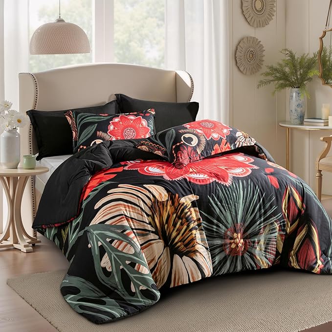Black Red Boho Floral King Comforter Set - 3 Piece Farmhouse Botanical Bedding Comforter Sets for All Season Soft Lightweight Mid Century Bed Set, (1 Reversible Comforter and 2 Pillow Shams
