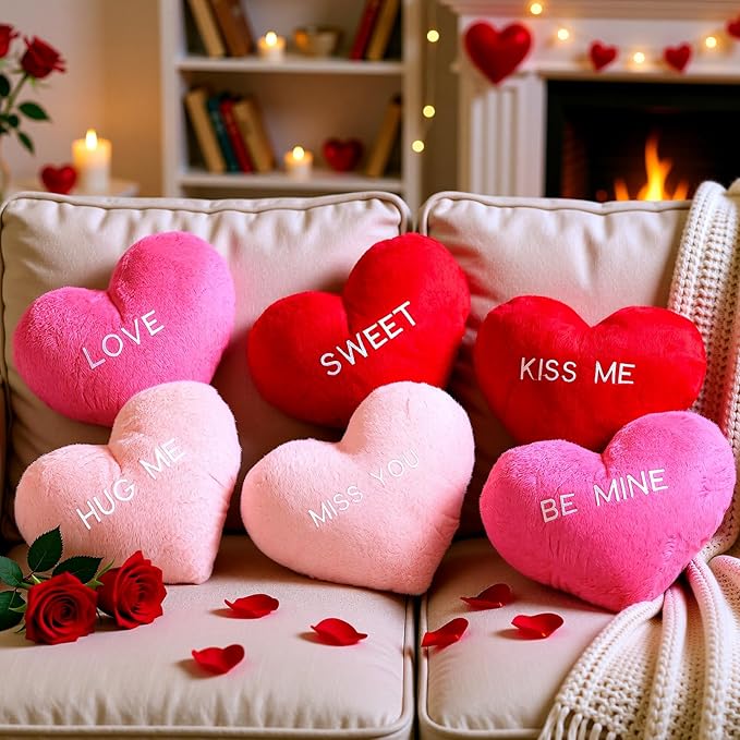 Novabright 6 Pcs Valentines Day Heart Pillows 12", Love Heart Shaped Pillow Plush Throw Pillow, Cute Pink Pillows for Gifts Valentines Day Living Room Bedroom Decor(Conversation)