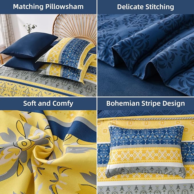 WONGS BEDDING Boho Comforter Set King, 7 Pieces Navy Blue and Yellow Comforter Set Bohemian Bed in A Bag Striped Paisley Floral Comforter and Sheet Set Soft Microfiber Bedding Set for All Season