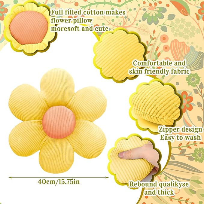 Sratte 10 Pcs Flower Shaped Throw Pillows Cute Daisy Flower Seating Cushions for Adults Reading Leisure Comfortable Home Bedroom Sofa Chair Couch Decor(15.75 Inches)