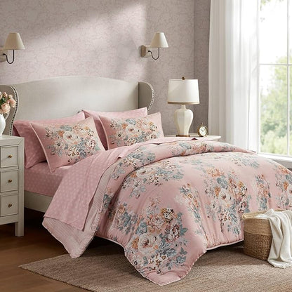 Madison Park Essentials Floral Comforter Set Cal King Size, Vintage Flower Bedding Set with Sheet Set, 7 Pieces Bed in a Bag with Reversible Botanical Comforter and Pillowcases & Shams, Heather, Pink