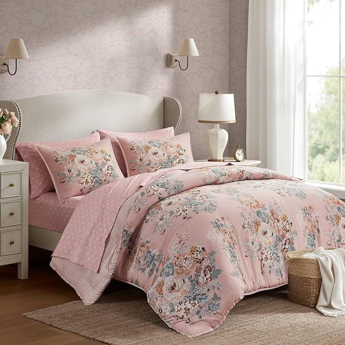 Madison Park Essentials Floral Comforter Set Queen Size, Vintage Flower Bedding Set with Sheet Set, 7 Pieces Bed in a Bag with Reversible Botanical Comforter and Pillowcases & Shams, Heather, Pink
