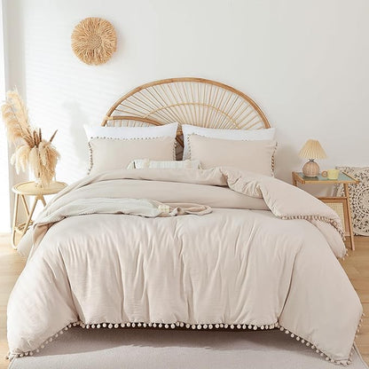 YIRDDEO Full Size Comforter Sets - Full Size Comforter with Ball Pom Fringe, Soft Bedding Set for All Seasons - 3 Pieces, 1 Comforter (79"x90") & 2 Pillow Shams(20"x26"), Beige