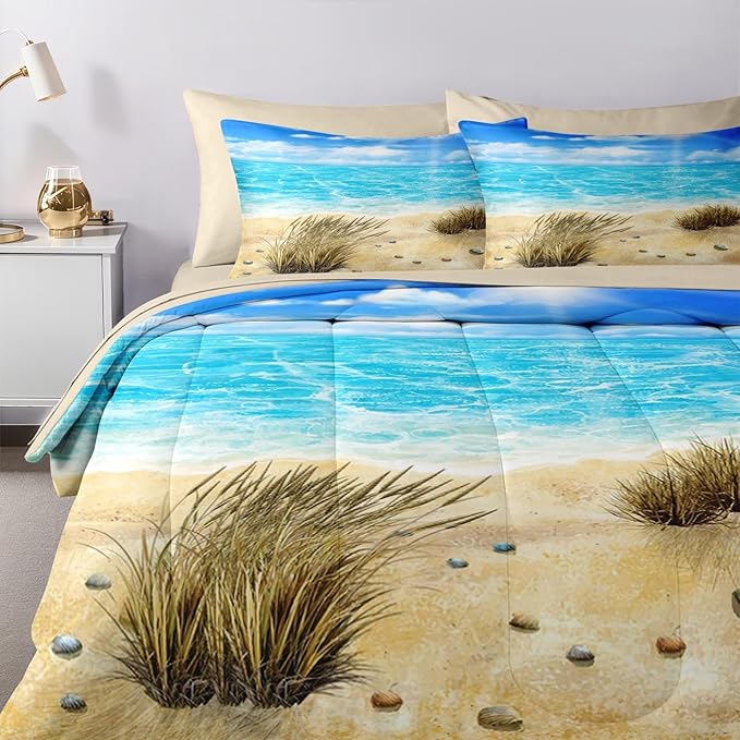 Nesker 7 Pcs Comforter Set Full Size, Coastal Beach Seascape Scenery Bedding Set for Kids and Adults, Blue Ocean Seaside Seaweed Summer Bed Sheet Sets with Fitted Sheet 2 Pillowcases & 2 Shams