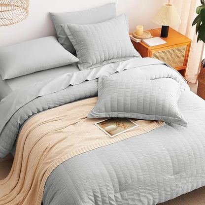 CozyLux Oversized King Comforter Set Light Grey Seersucker 7 Pieces Bed in a Bag King Comforter Set with Sheets, Luxury Soft Bedding Set with Down Alternative Comforter, Sheets, Pillowcases & Shams