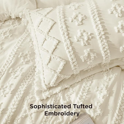 Bedsure Tufted Boho Comforter Set California King Size - Ivory Boho Bed Set, GentleSoft™ 3 Pieces Farmhouse Shabby Chic Embroidery Bedding, Gifts for Woman, Soft Jacquard Comforter for All Seasons