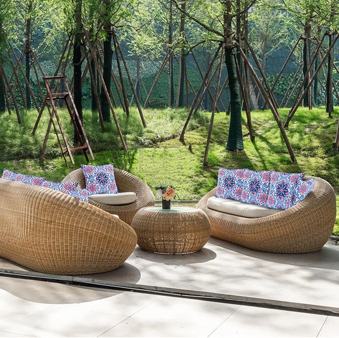 JMGBird Water-Resistant Outdoor Pillows Set of 2, 18x18 inch Durable White with Red Mandala Flower Throw Pillows with Inserts for Patio Furniture