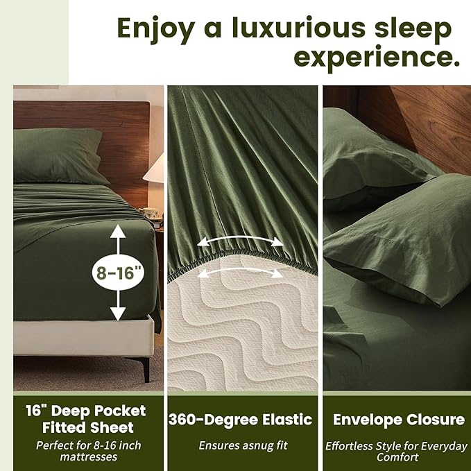 100% Linen Sheets California King Size,Breathable & Durable 4-Piece Bed Flax Sheet Set,Soft All-Season Bedding for Hot Sleepers 16" Deep Pocket Oeko-TEX Certified,（Cal King, Forest Green）