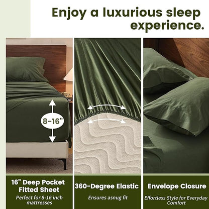 100% Linen Sheets California King Size,Breathable & Durable 4-Piece Bed Flax Sheet Set,Soft All-Season Bedding for Hot Sleepers 16" Deep Pocket Oeko-TEX Certified,（Cal King, Forest Green）
