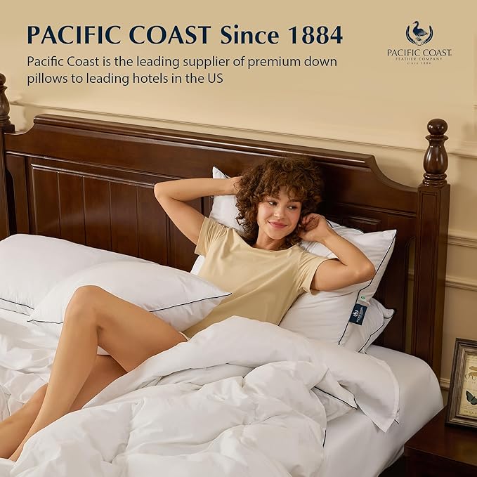 Pacific Coast Bed Pillow, Luxury Hotel Goose Feather and Down Pillow for Sleeping with 100% Cotton Shell, Medium Supportive, Standard Size