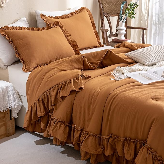 Masaca Pumpkin Farmhouse King Size Comforter Set,Shabby Boho Chic Bedding Ruffled King Bed Comforter Vintage Rustic Burnt Orange Bedding Sets 3 Pieces (1 Ruffle Comforter and 2 Pillowcases)