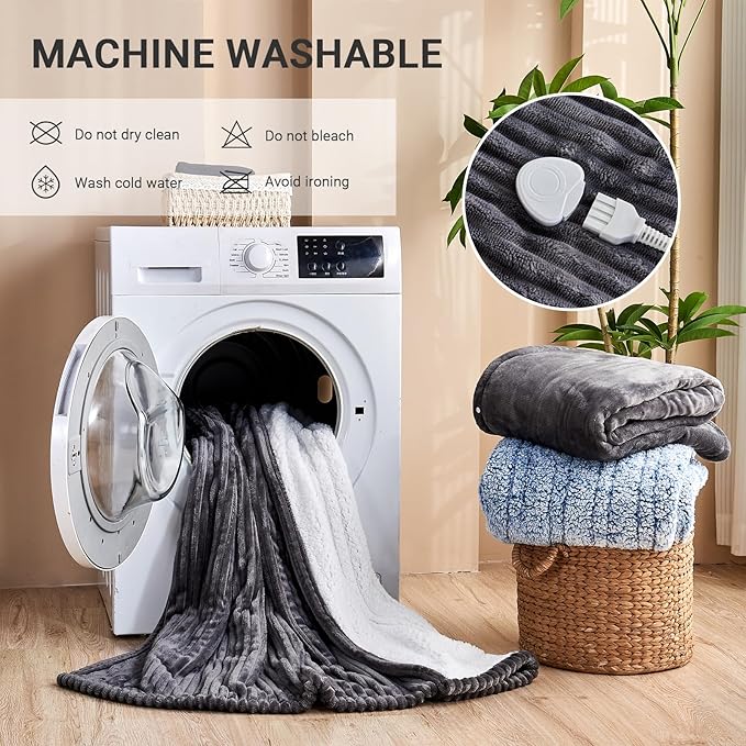 Heated Blanket Electric Queen, Soft Flannel Heating Blanket with 8 Hours Auto Off 10 Fast Heating Levels Machine Washable Sherpa Heated Blanket with Overheating Protection