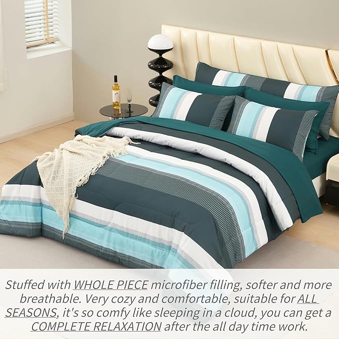 RYNGHIPY Emerald Green Colorblock Bedding Set: 8 Pieces Lightweight Fluffy Comforter Bedding Sets - Soft Microfiber Bed Set for All Seasons (Queen,Emerald Green)