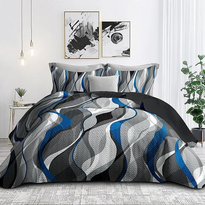 weesire Classic Line Pattern Bedding Quilt Queen Size Modern Grey Blue and White Stripe Quilt with 2 Shams, Gray and Blue Comforter Sets Lightweight Breathable Bedspreads Coverlet, 90''x96''