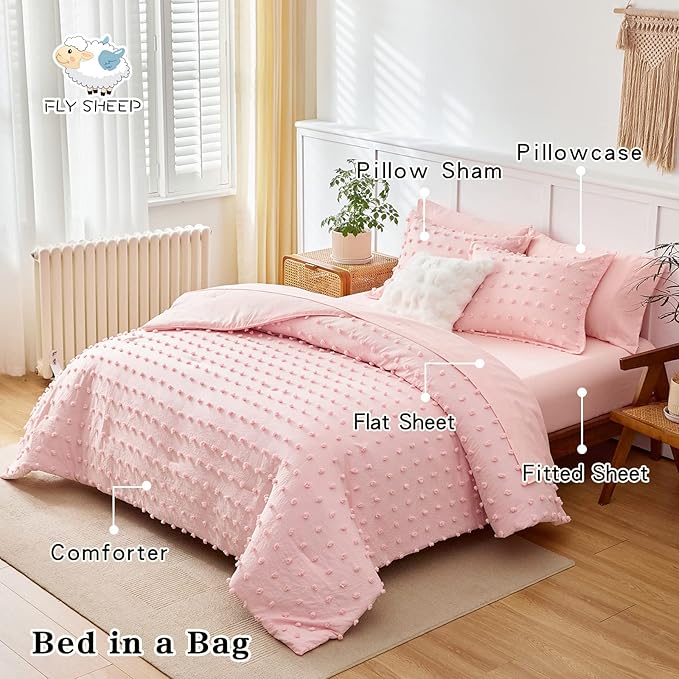7 Pieces Tufted Dots Bed in a Bag King Comforter Set with Sheets Pink , Soft and Embroidery Shabby Chic Boho Comforters, Solid Color with Pom Pom Design, Jacquard Tufts Bedding Set for All Season