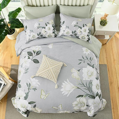 King Size Comforter Set - 7 Pieces Floral Comforter Set, Elegant Sage Green Flower Bed in a Bag King Soft Microfiber Bedding Set for All Seasons (Sage Green,104"x90")