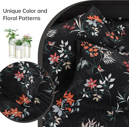 Black King Comforter Size Set, 7 Pieces Floral Bed in a Bag Bedding Sets, Lightweight Soft Comforter and Sheet Set, All Season Microfiber Flower Bedding Sets